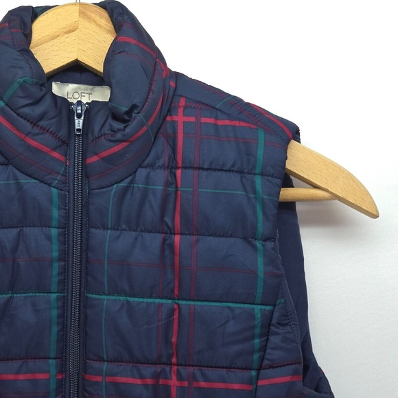 LOFT Puffer Vest Womens Small Navy Plaid Clueless Preppy Academia Style Full Zip - Picture 10 of 16